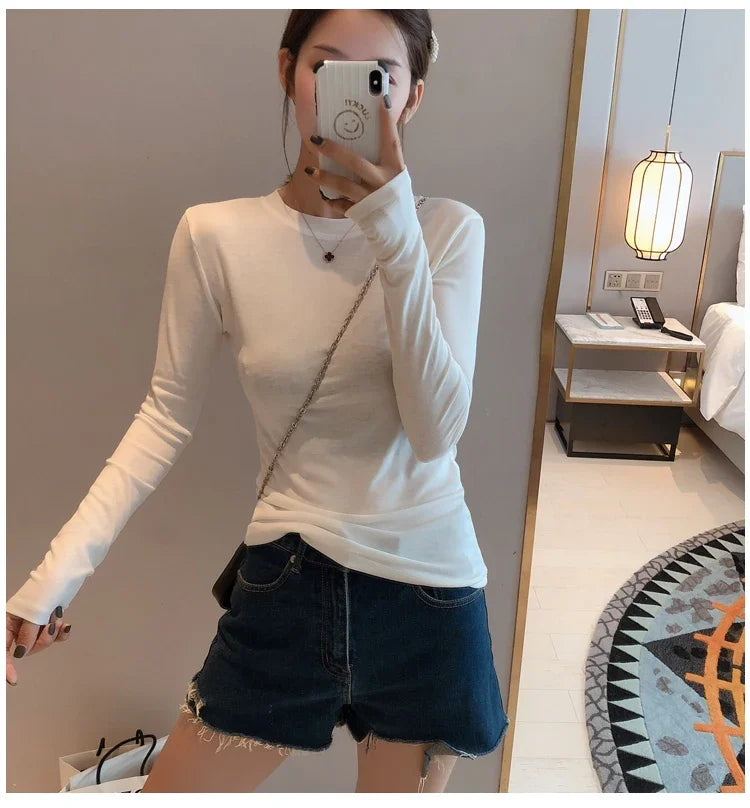 Women 2026 High Quality Plain T Shirt  Cotton Elastic Basic T-shirts Female Casual Tops Long Sleeve Sexy Thin T-shirt