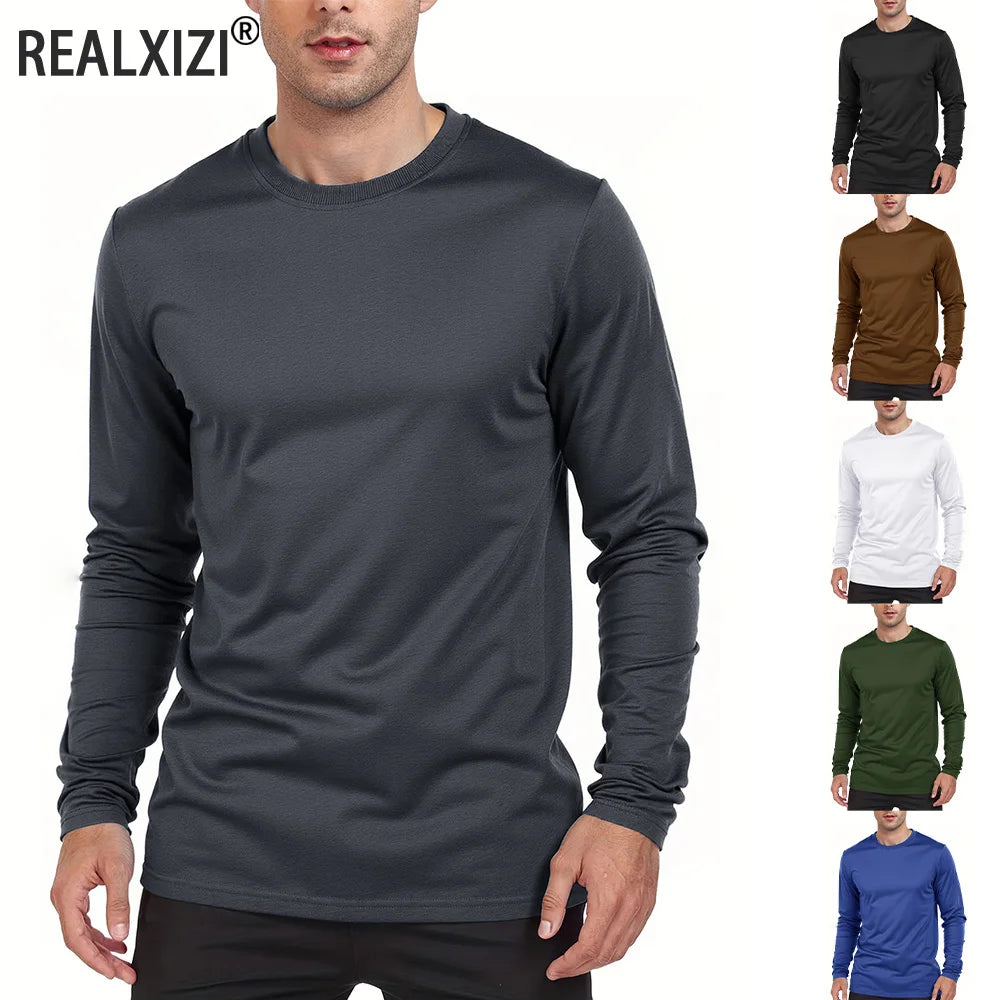 Men's Casual Long-sleeve T-shirt Round Neck Shirt Pullover Tops Daily Solid Sports Breathable versatile Men's T-shirts Clothes
