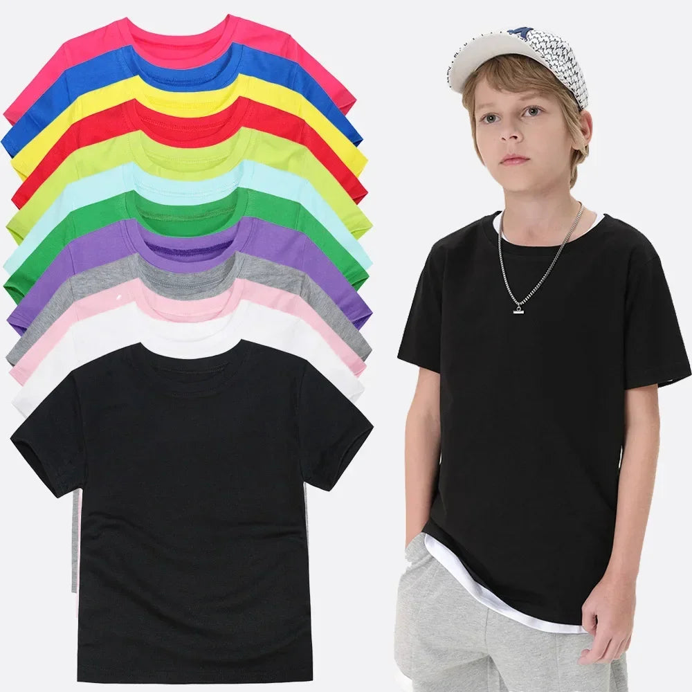 3-14Y Kids Solid Color Sweat Absorption Short Sleeve T-Shirt for Boys Girl Classic Black & White Cotton Comfort Tops