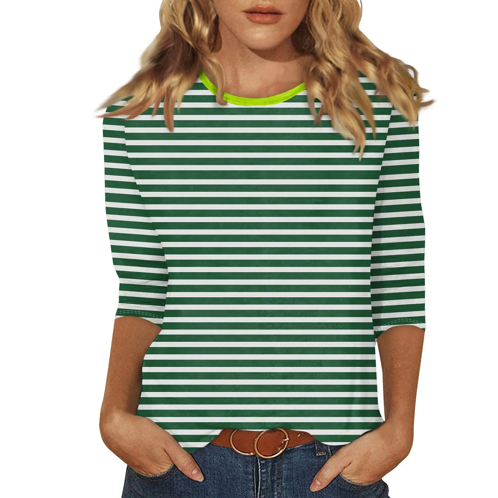 Women's Summer T-Shirts Fashion Casual Everyday Versatile O-Neck 3/4 Length Sleeve Tops Striped Print T-Shirt Tops Plus Size