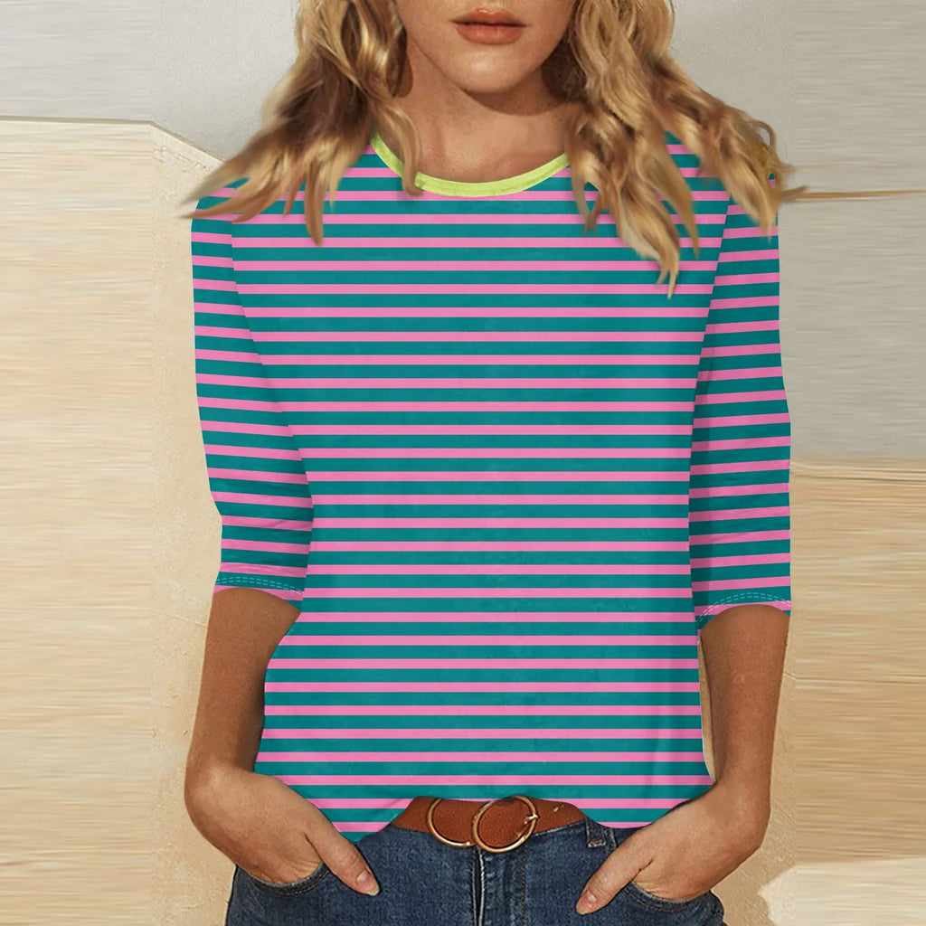 Women's Summer T-Shirts Fashion Casual Everyday Versatile O-Neck 3/4 Length Sleeve Tops Striped Print T-Shirt Tops Plus Size