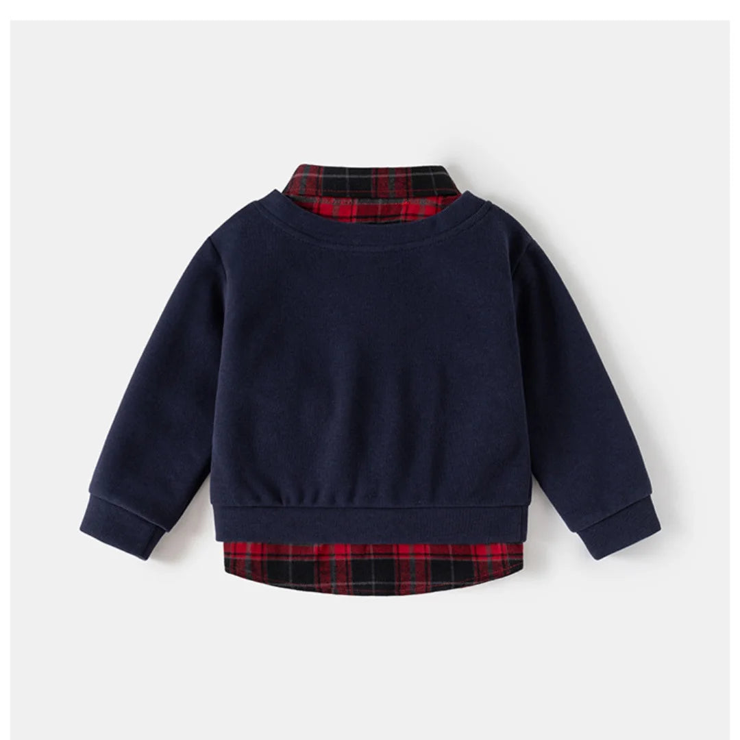 2-6Y Kids Girls Boys Plaid Shirt Baby Boy Clothes Fake Two-Piece Sweatshirt Collar Embroidery Badge Pullover Spring Casual Top