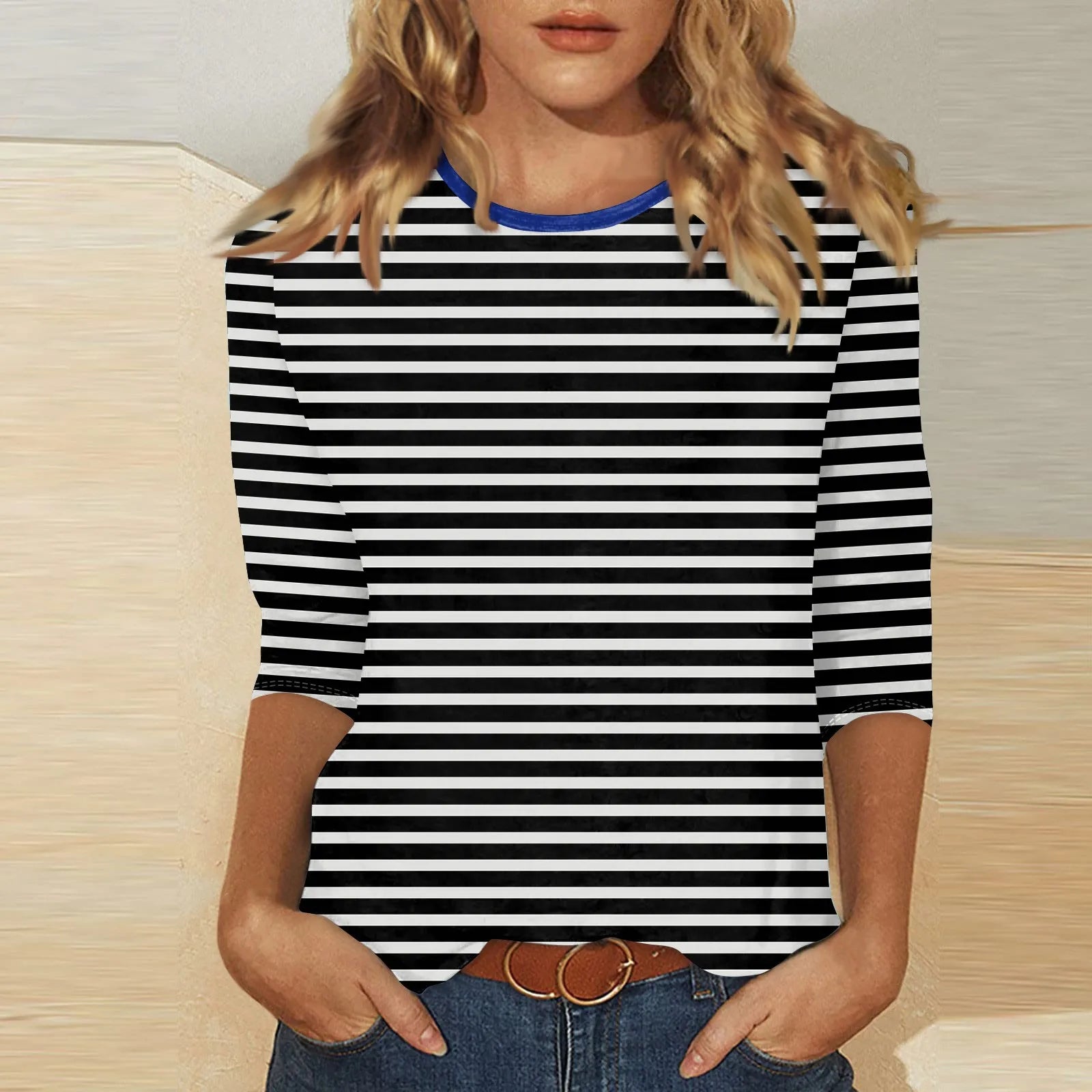 Women's Summer T-Shirts Fashion Casual Everyday Versatile O-Neck 3/4 Length Sleeve Tops Striped Print T-Shirt Tops Plus Size
