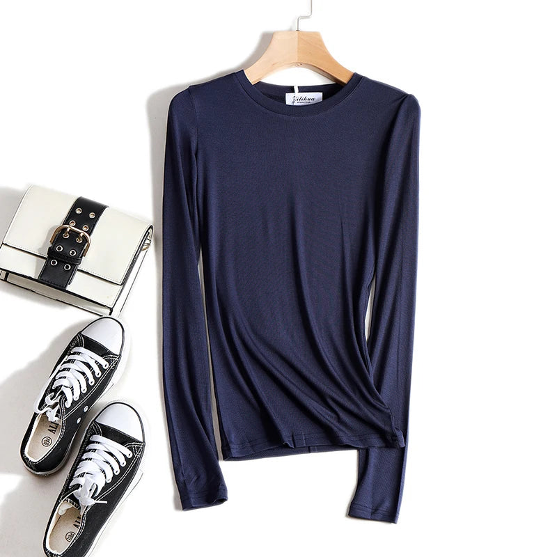 Plain Cotton Women T Shirt High Quality Elastic Basic Solid Long Sleeve T-shirts Female Casual Tops Korean Thin O Neck Tshirt