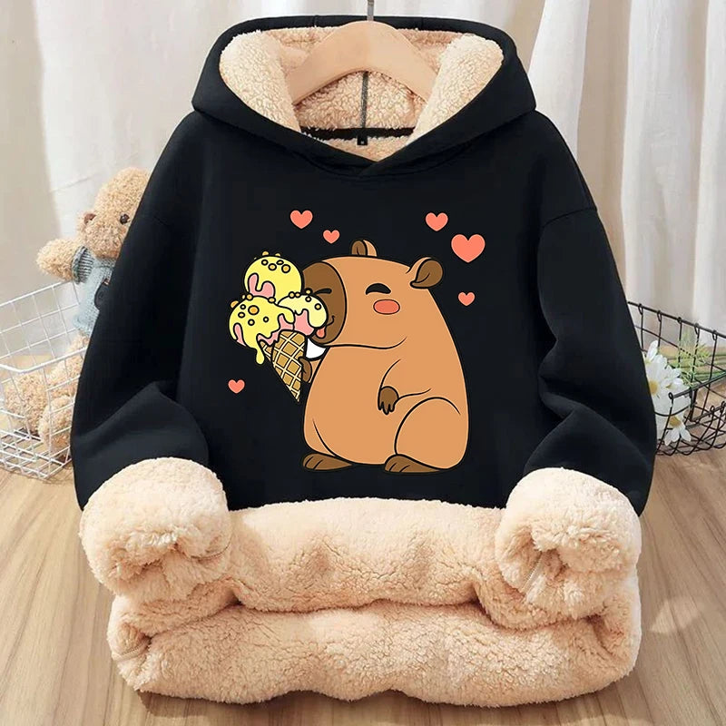Kawaii Capybara Children's Clothing Lamb Wool Pullover Hoodies Boys Girls Winter Warm Thick Long Sleeved Sweatshirt Anime Gifts