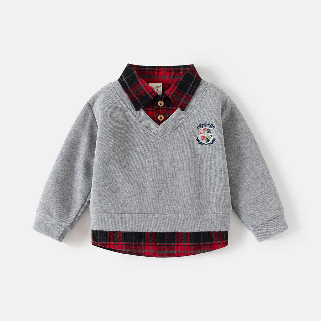 2-6Y Kids Girls Boys Plaid Shirt Baby Boy Clothes Fake Two-Piece Sweatshirt Collar Embroidery Badge Pullover Spring Casual Top