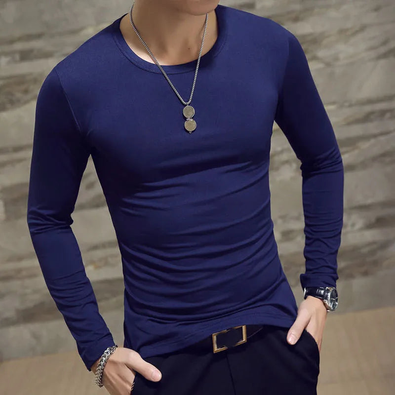 Mens Casual Slim Fit Long Sleeve T-Shirts O-Neck Man Elastic Lightweight Base Layer Male T Shirt Solid Color Tops Tees White