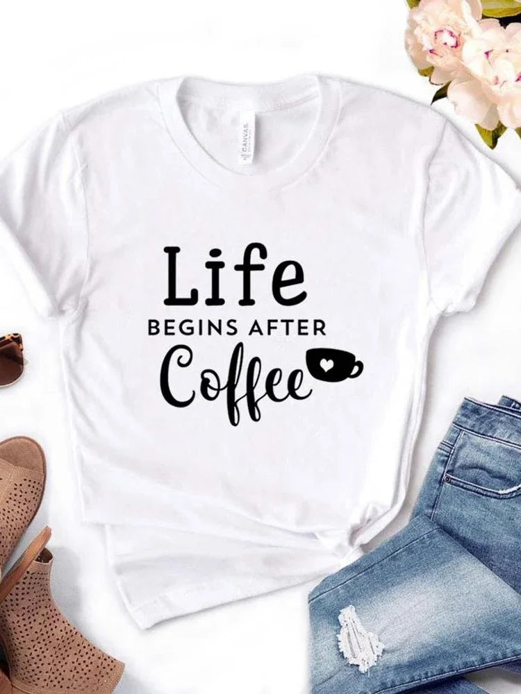 Women T Shirt Life Begins After Coffee Print Tshirt Women Short Sleeve O Neck Loose T-shirt Ladies Causal Tee Shirt Tops