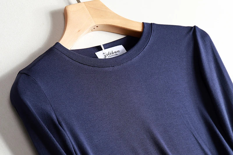 Plain Cotton Women T Shirt High Quality Elastic Basic Solid Long Sleeve T-shirts Female Casual Tops Korean Thin O Neck Tshirt