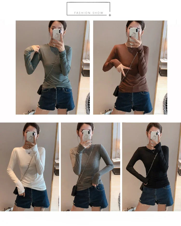 Women 2026 High Quality Plain T Shirt  Cotton Elastic Basic T-shirts Female Casual Tops Long Sleeve Sexy Thin T-shirt