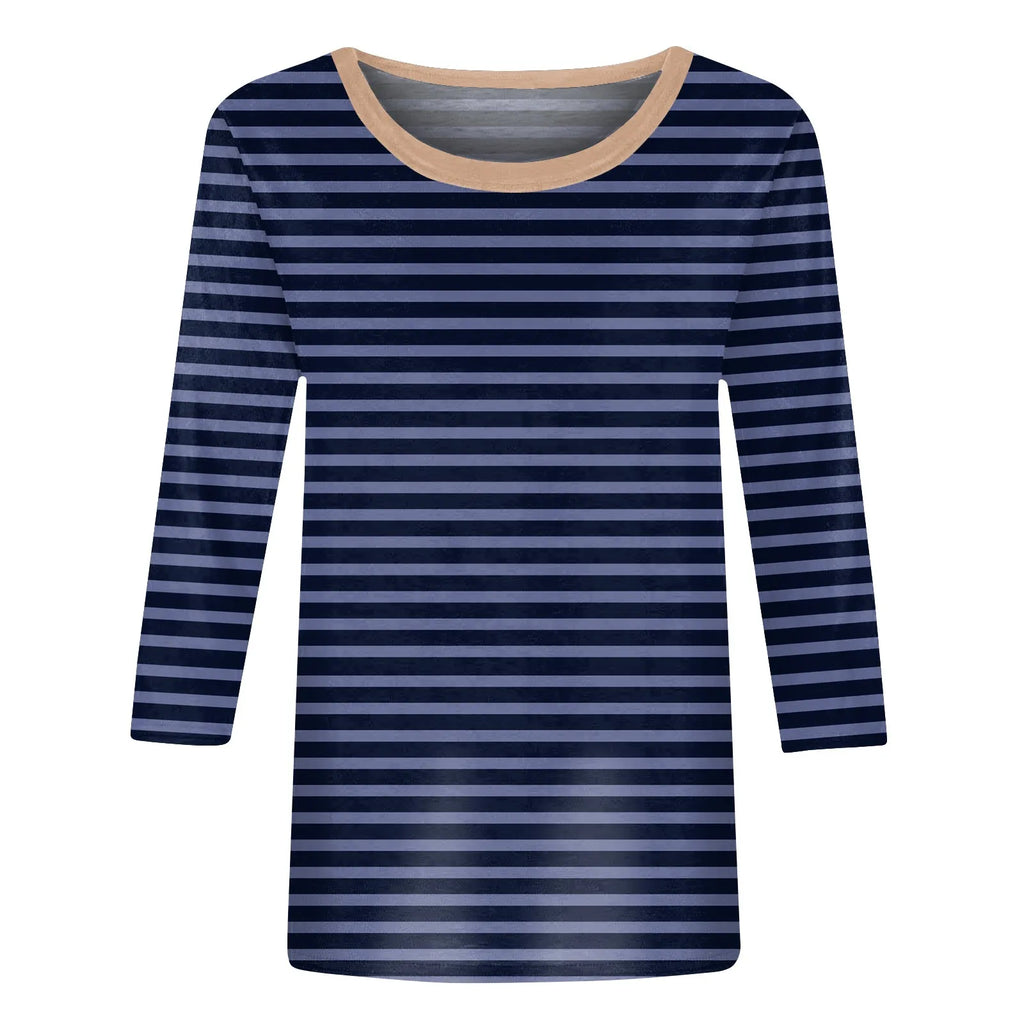 Women's Summer T-Shirts Fashion Casual Everyday Versatile O-Neck 3/4 Length Sleeve Tops Striped Print T-Shirt Tops Plus Size