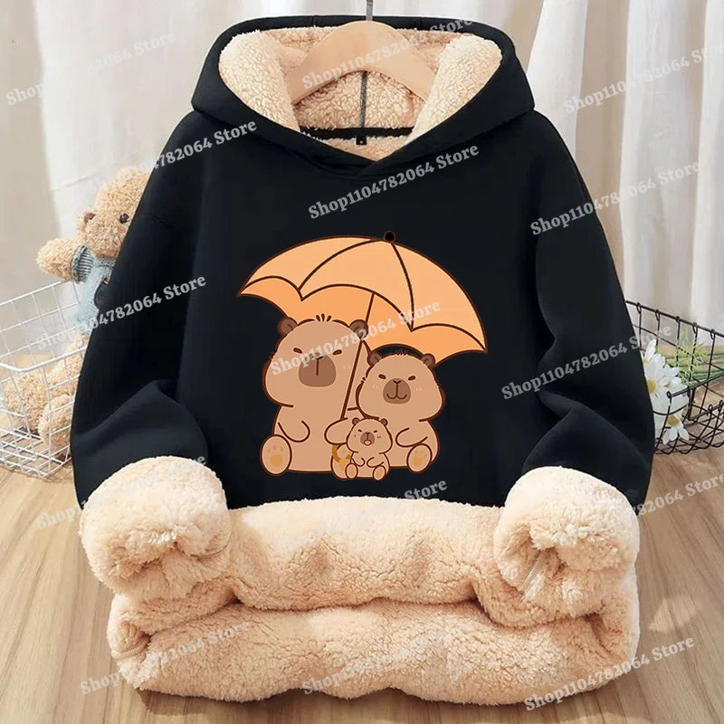 Kawaii Capybara Children's Clothing Lamb Wool Pullover Hoodies Boys Girls Winter Warm Thick Long Sleeved Sweatshirt Anime Gifts