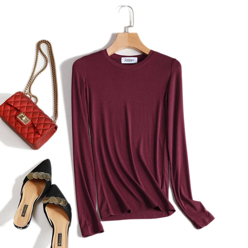 Plain Cotton Women T Shirt High Quality Elastic Basic Solid Long Sleeve T-shirts Female Casual Tops Korean Thin O Neck Tshirt