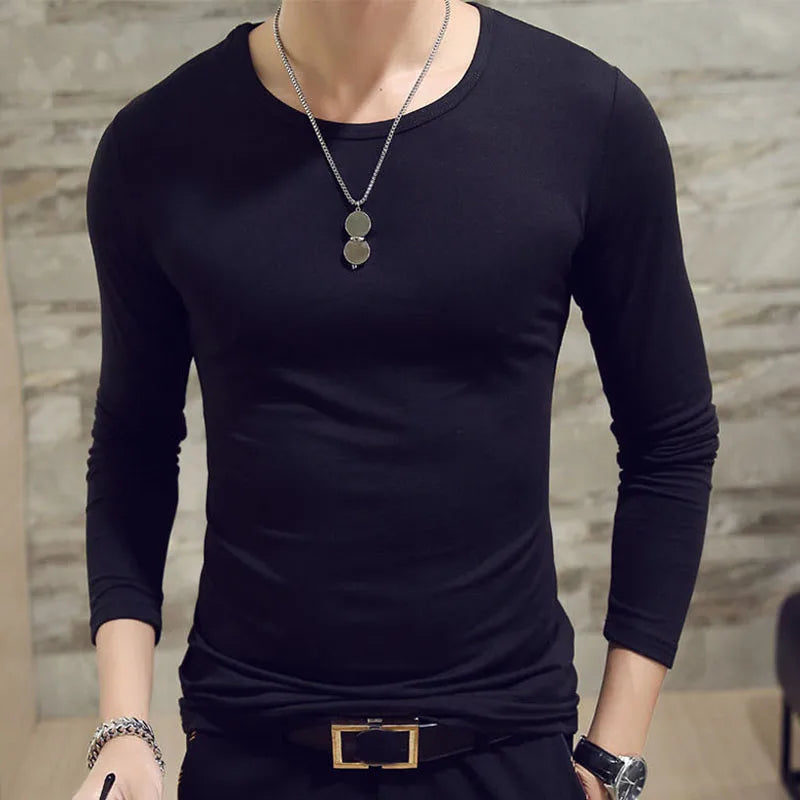Mens Casual Slim Fit Long Sleeve T-Shirts O-Neck Man Elastic Lightweight Base Layer Male T Shirt Solid Color Tops Tees White