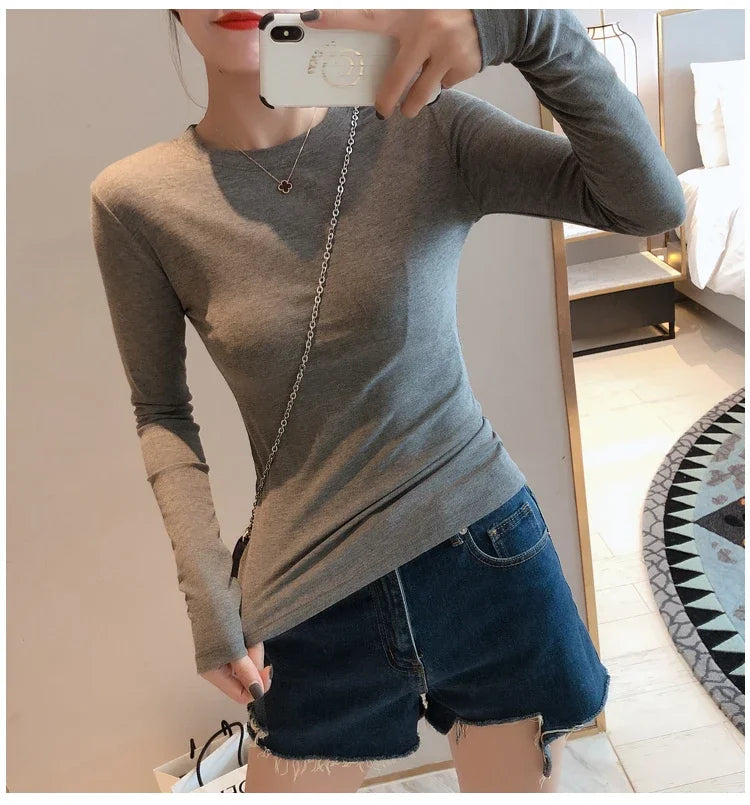 Women 2026 High Quality Plain T Shirt  Cotton Elastic Basic T-shirts Female Casual Tops Long Sleeve Sexy Thin T-shirt