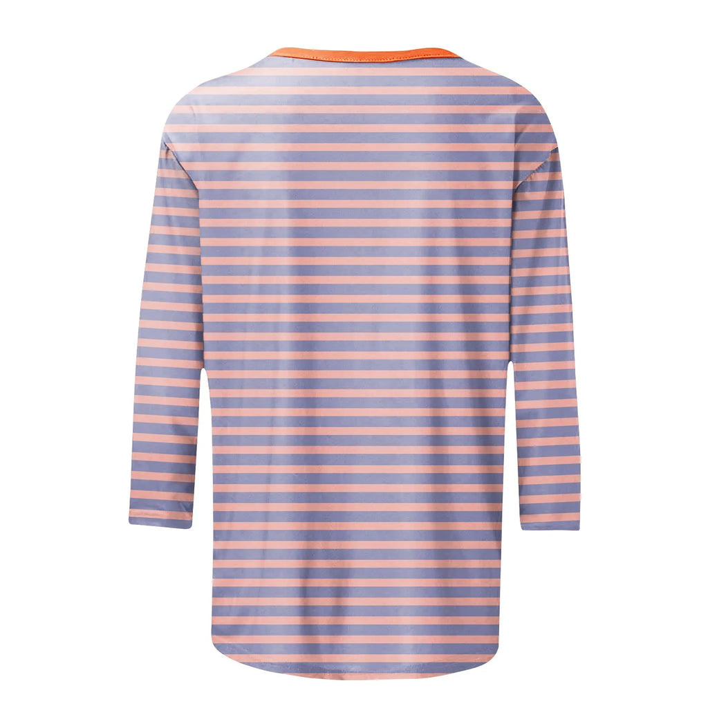 Women's Summer T-Shirts Fashion Casual Everyday Versatile O-Neck 3/4 Length Sleeve Tops Striped Print T-Shirt Tops Plus Size