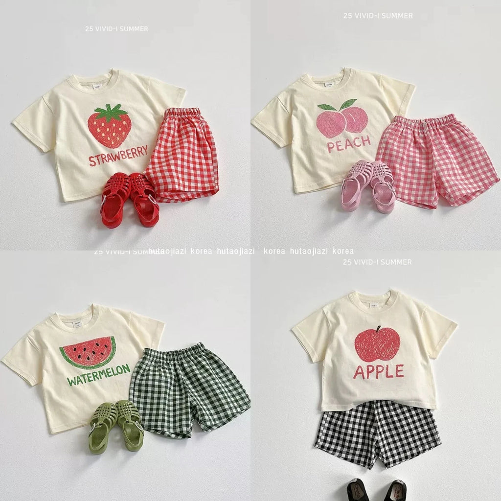 Fruit Tshirt Plaid Shorts 2Piece Set Boys And Girls Cute Tees Loose Shorts Kids New Simple Round Neck Tops+Shorts Kids Suit