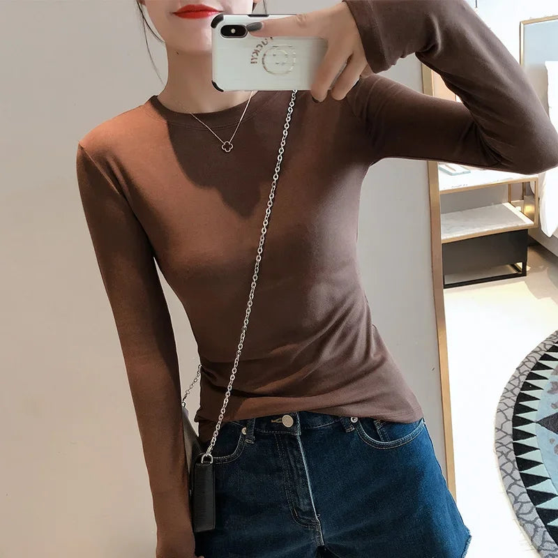 Women 2026 High Quality Plain T Shirt  Cotton Elastic Basic T-shirts Female Casual Tops Long Sleeve Sexy Thin T-shirt