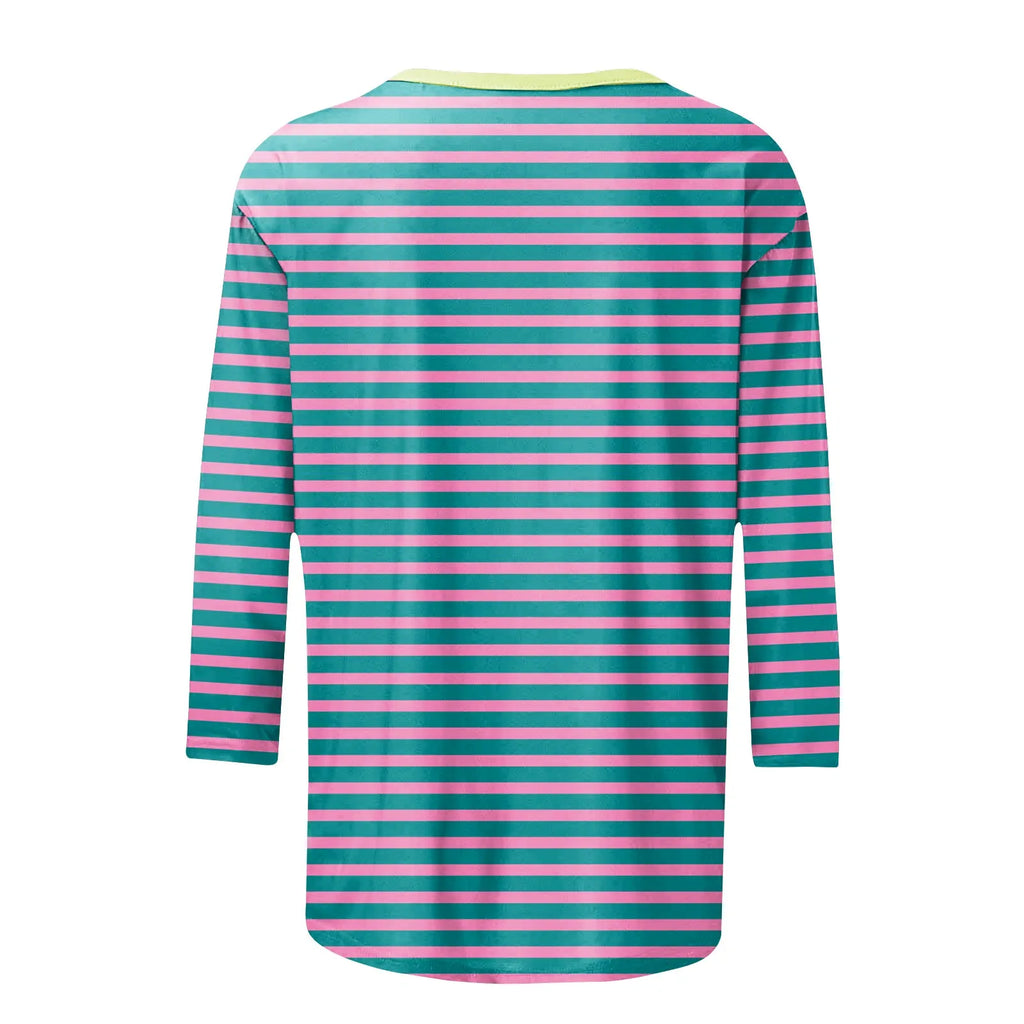 Women's Summer T-Shirts Fashion Casual Everyday Versatile O-Neck 3/4 Length Sleeve Tops Striped Print T-Shirt Tops Plus Size