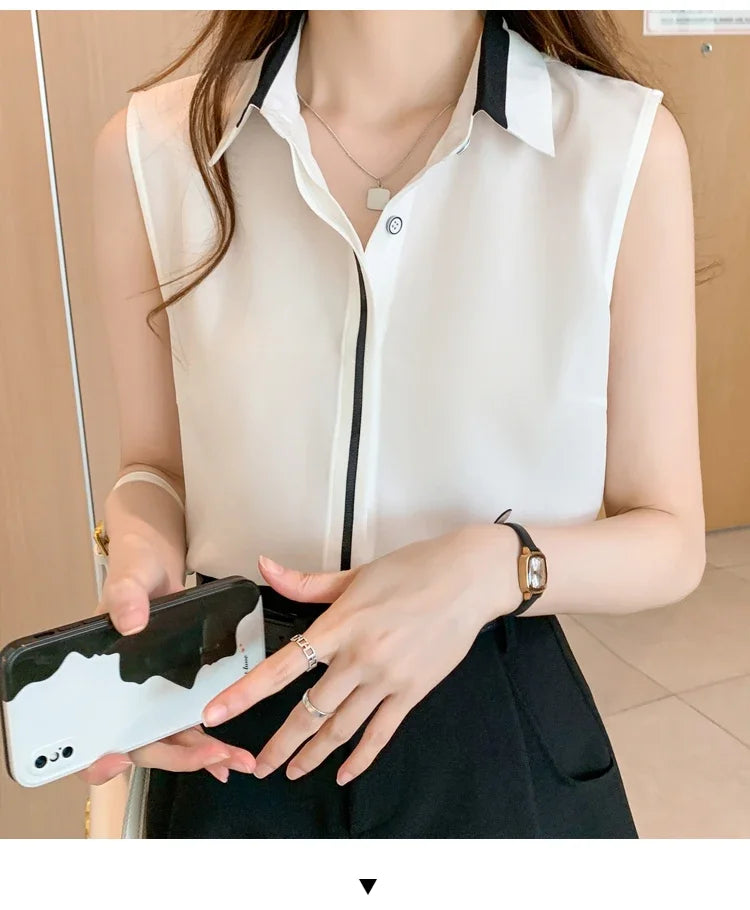 White Shirt Tank Tops Blouse for Women Summer Fashion Shirts and Blouses Basic OL Sleeveless Womens Tops Chiffon Female Clothing