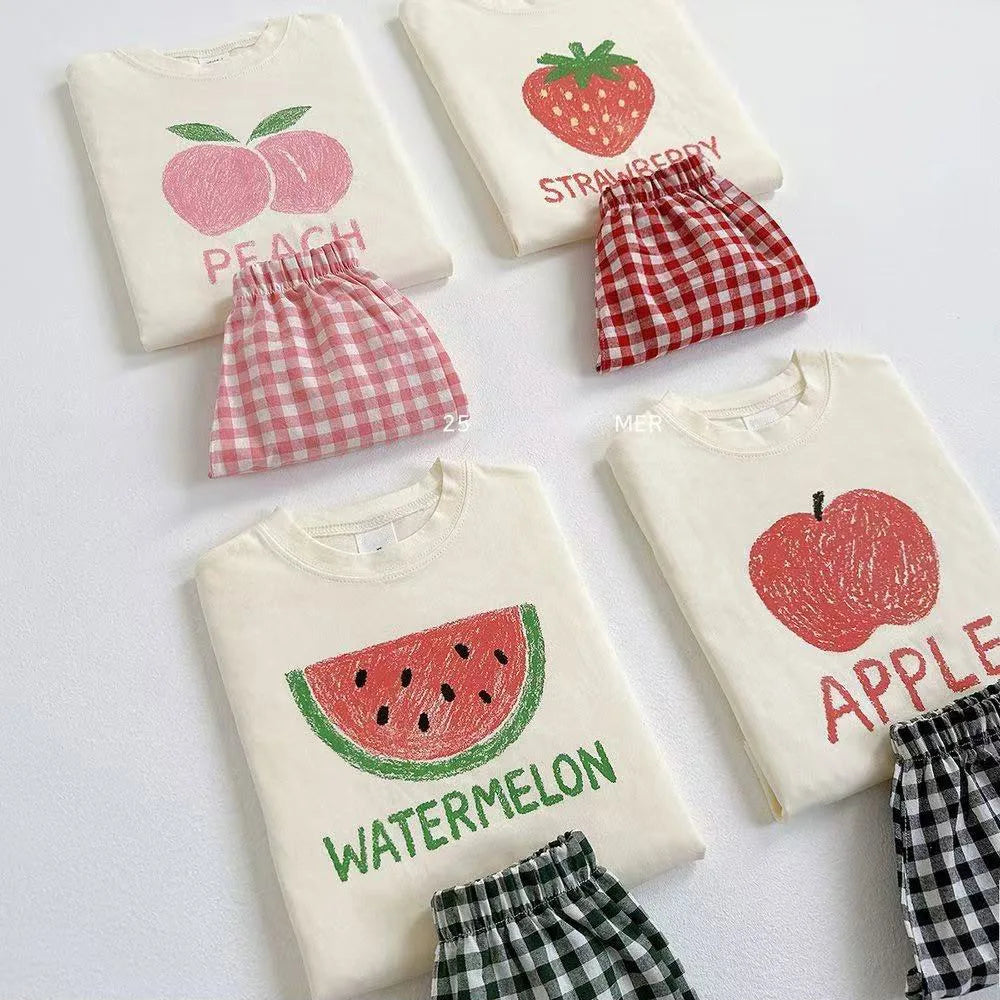 Fruit Tshirt Plaid Shorts 2Piece Set Boys And Girls Cute Tees Loose Shorts Kids New Simple Round Neck Tops+Shorts Kids Suit