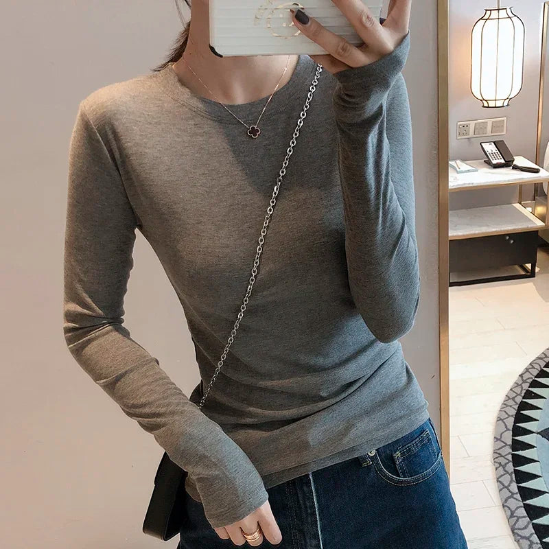 Women 2026 High Quality Plain T Shirt  Cotton Elastic Basic T-shirts Female Casual Tops Long Sleeve Sexy Thin T-shirt