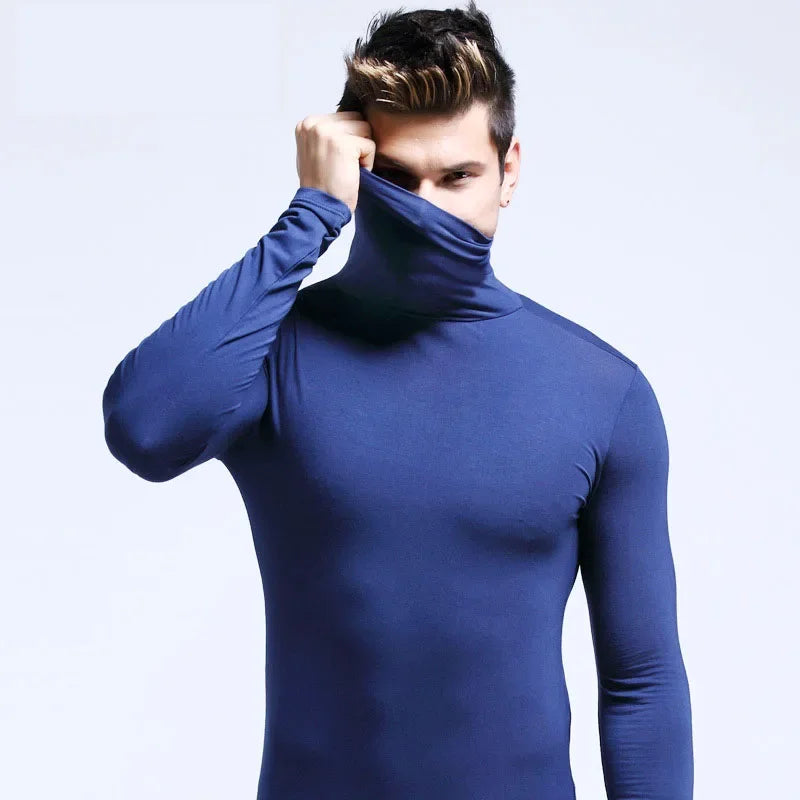 Basic Bottoming Plain T-shirt Fashion Men's Casual Slim Fit Basic Turtleneck High Collar Pullover Male Autumn Spring Thin Tops