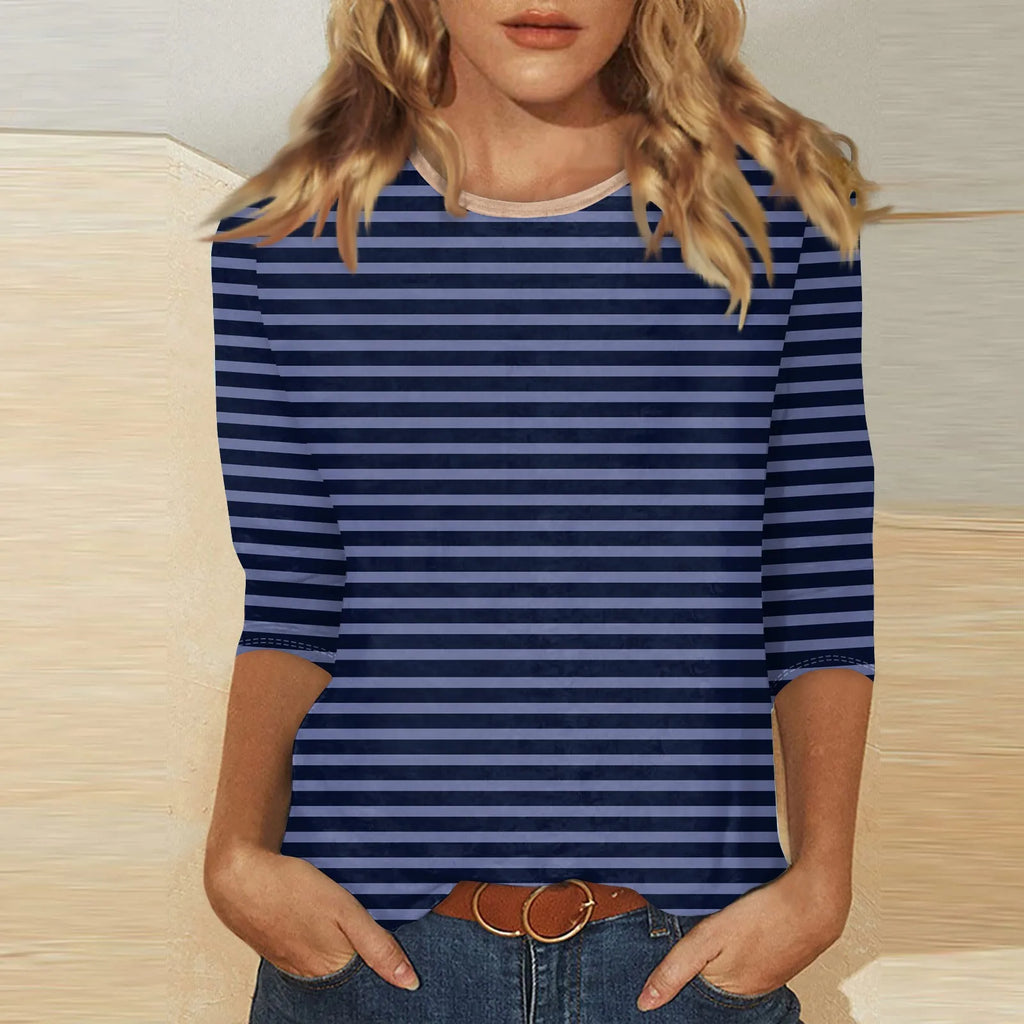 Women's Summer T-Shirts Fashion Casual Everyday Versatile O-Neck 3/4 Length Sleeve Tops Striped Print T-Shirt Tops Plus Size