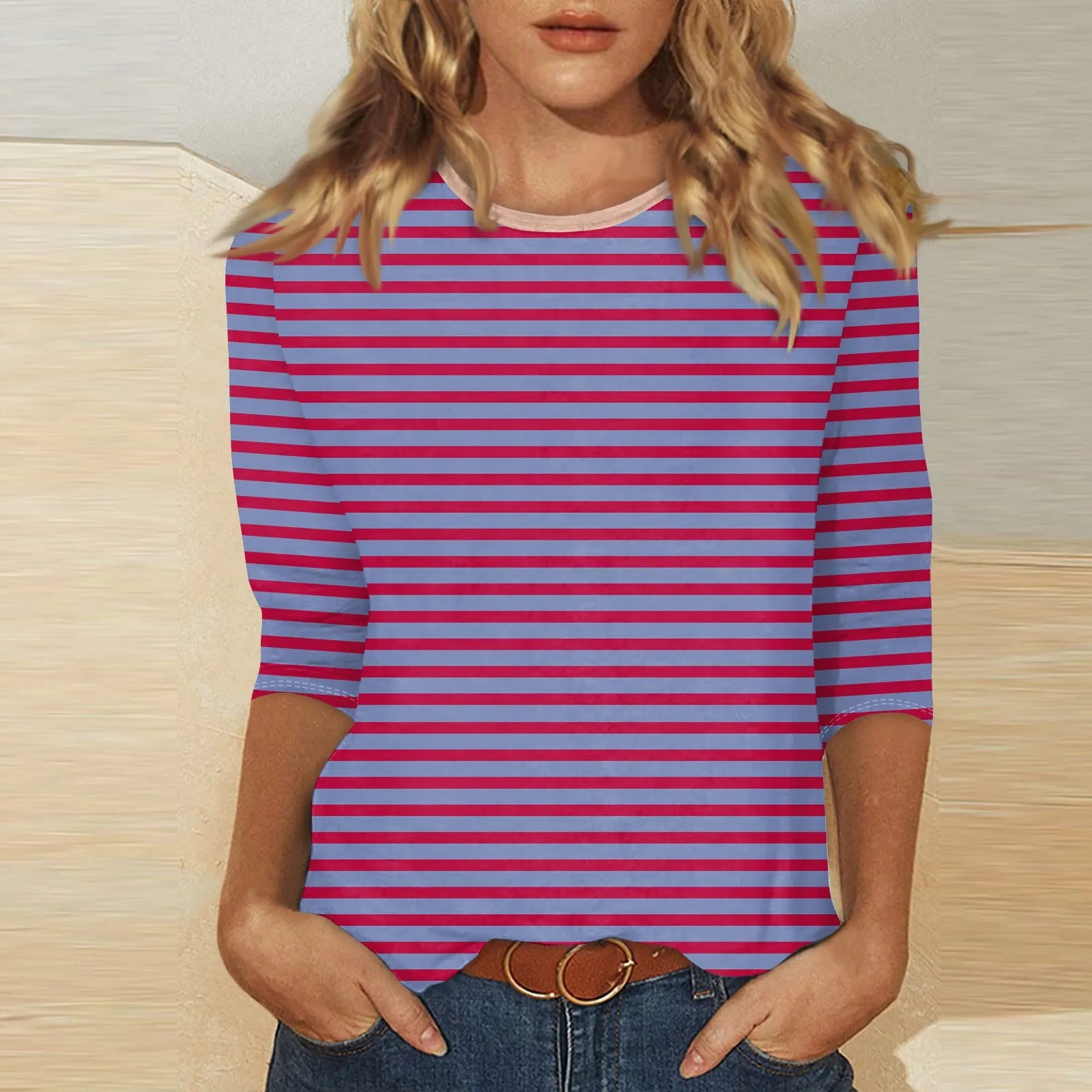 Women's Summer T-Shirts Fashion Casual Everyday Versatile O-Neck 3/4 Length Sleeve Tops Striped Print T-Shirt Tops Plus Size