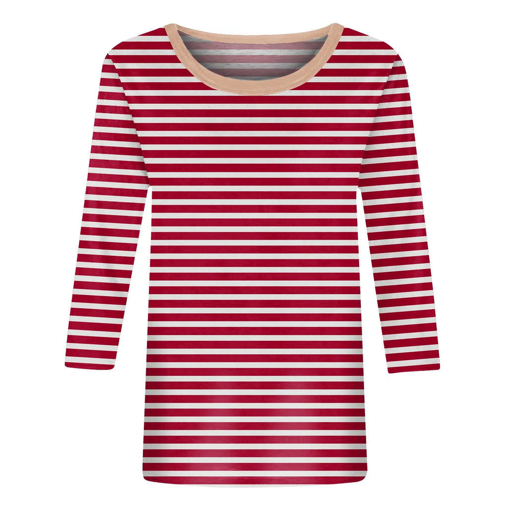Women's Summer T-Shirts Fashion Casual Everyday Versatile O-Neck 3/4 Length Sleeve Tops Striped Print T-Shirt Tops Plus Size