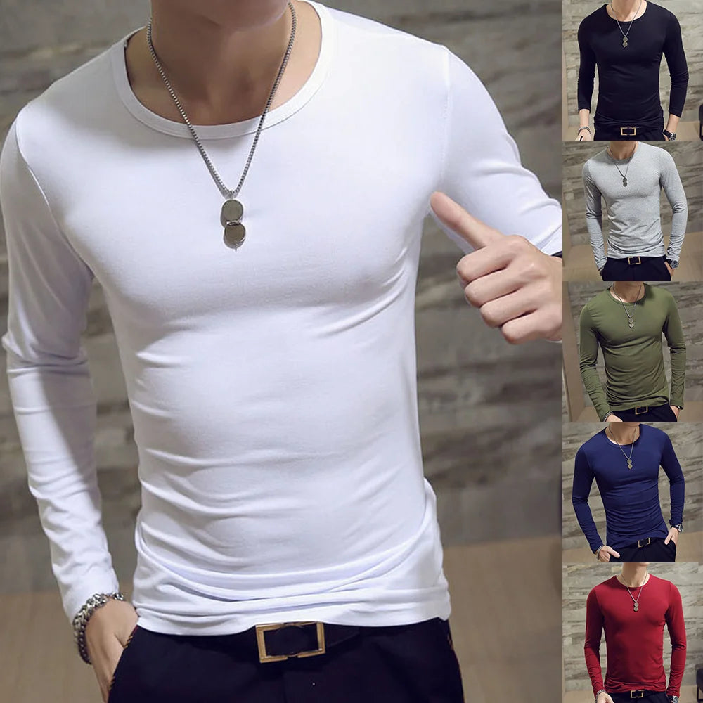 Mens Casual Slim Fit Long Sleeve T-Shirts O-Neck Man Elastic Lightweight Base Layer Male T Shirt Solid Color Tops Tees White