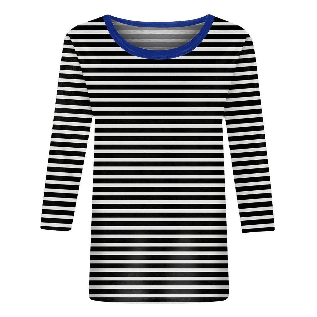 Women's Summer T-Shirts Fashion Casual Everyday Versatile O-Neck 3/4 Length Sleeve Tops Striped Print T-Shirt Tops Plus Size