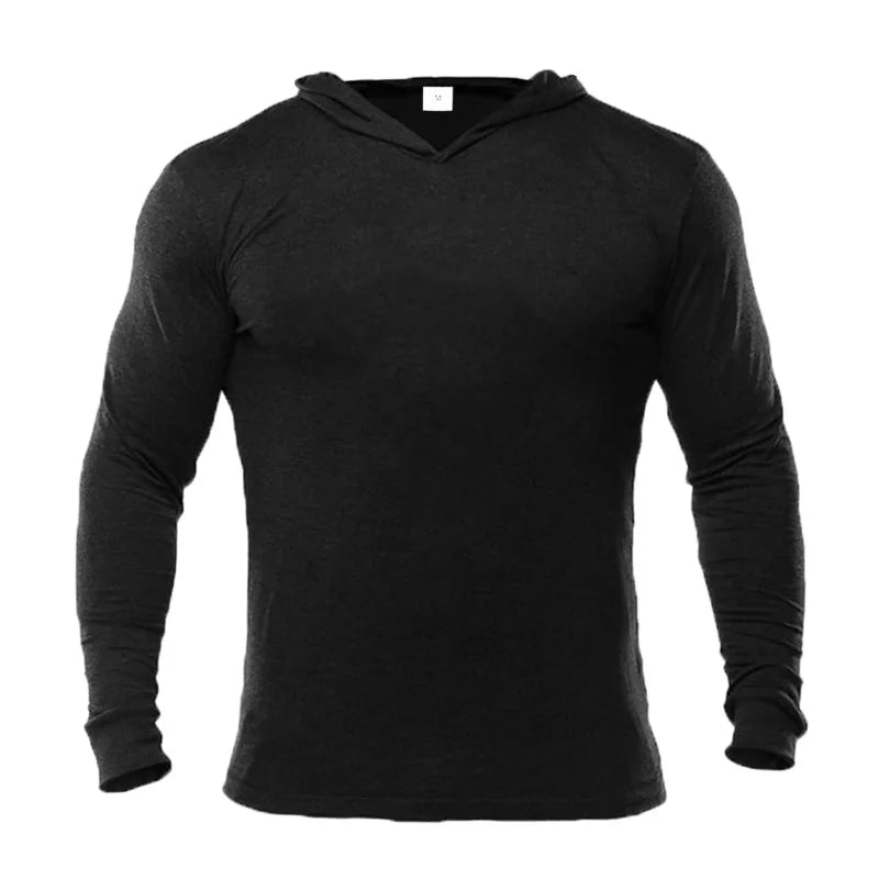 Plain Mens Hooded Running T-shirts Autumn Cotton Fitness Long Sleeve Hoodies Breathable Workout Gym Clothing Sports Muscle Shirt
