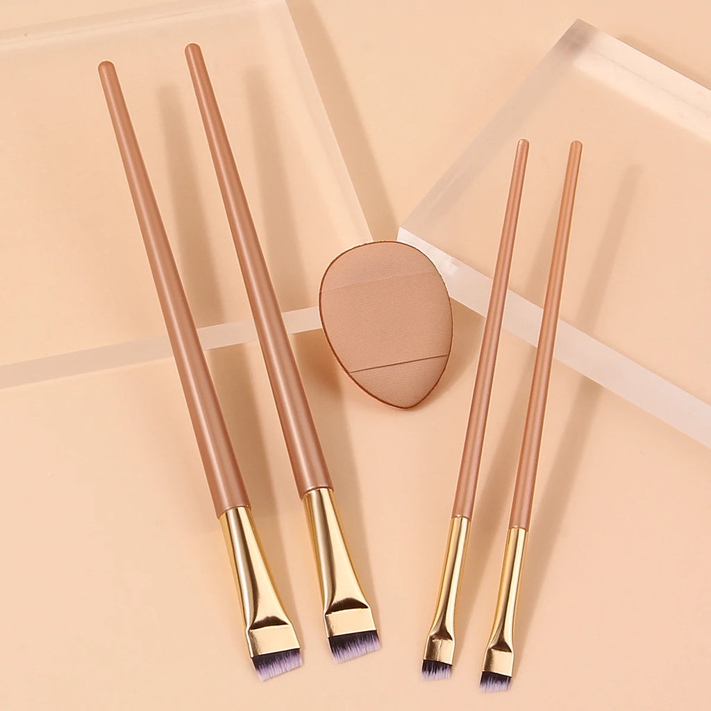 Makeup brush set: ultra-fine eyeliner brush + slanting eyebrow brush + under-eyelid to under-eye brush with mini powder puff