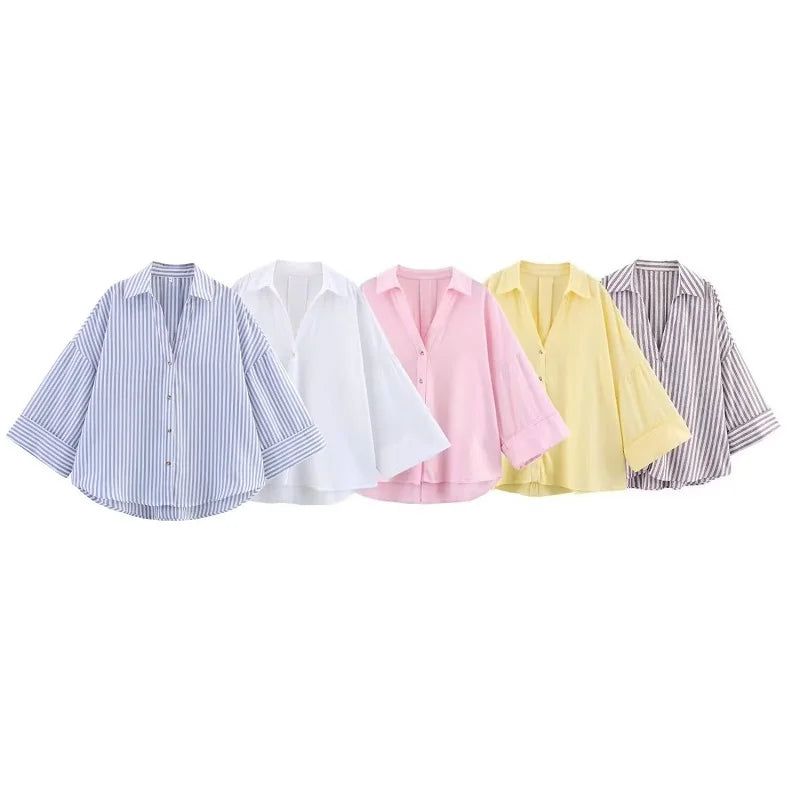MUJER Women's Shirts Striped Oversize Shirts for Women Wide Sleeve Casual Shirts and Blouses Woman White Summer Loose Tops Woman