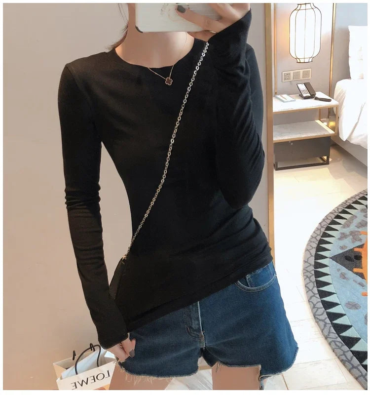 Women 2026 High Quality Plain T Shirt  Cotton Elastic Basic T-shirts Female Casual Tops Long Sleeve Sexy Thin T-shirt