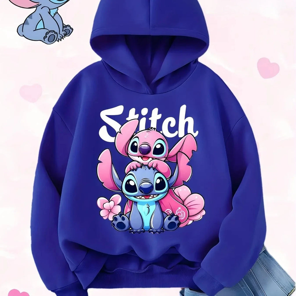 High-quality Printed Stitch and Lilo Pattern Boys and Girls Sweatshirt with Red Heart Design Autumn and Winter Pullover Fashion