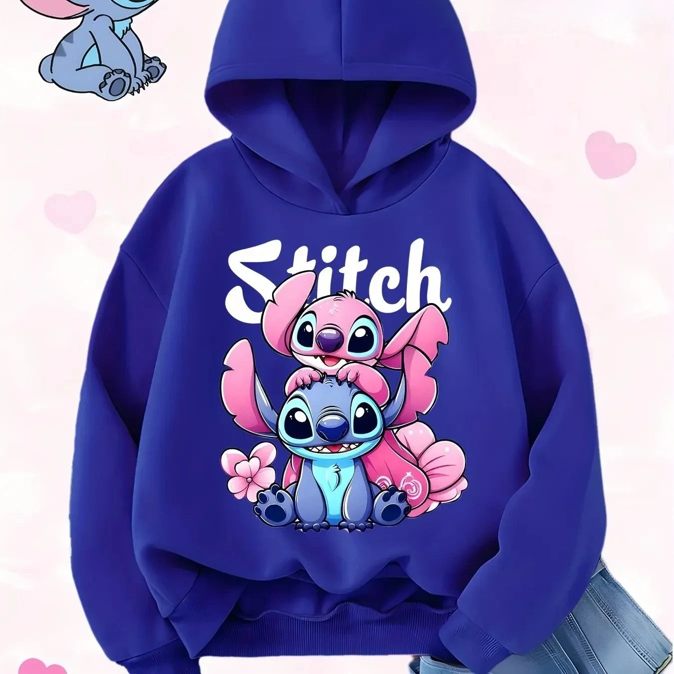 High-quality Printed Stitch and Lilo Pattern Boys and Girls Sweatshirt with Red Heart Design Autumn and Winter Pullover Fashion